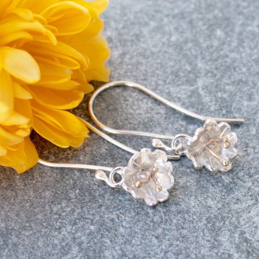 Long silver flower earrings, cherry blossom earrings