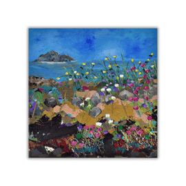 An original acrylic painting - Scottish coastal landscape - wildflowers