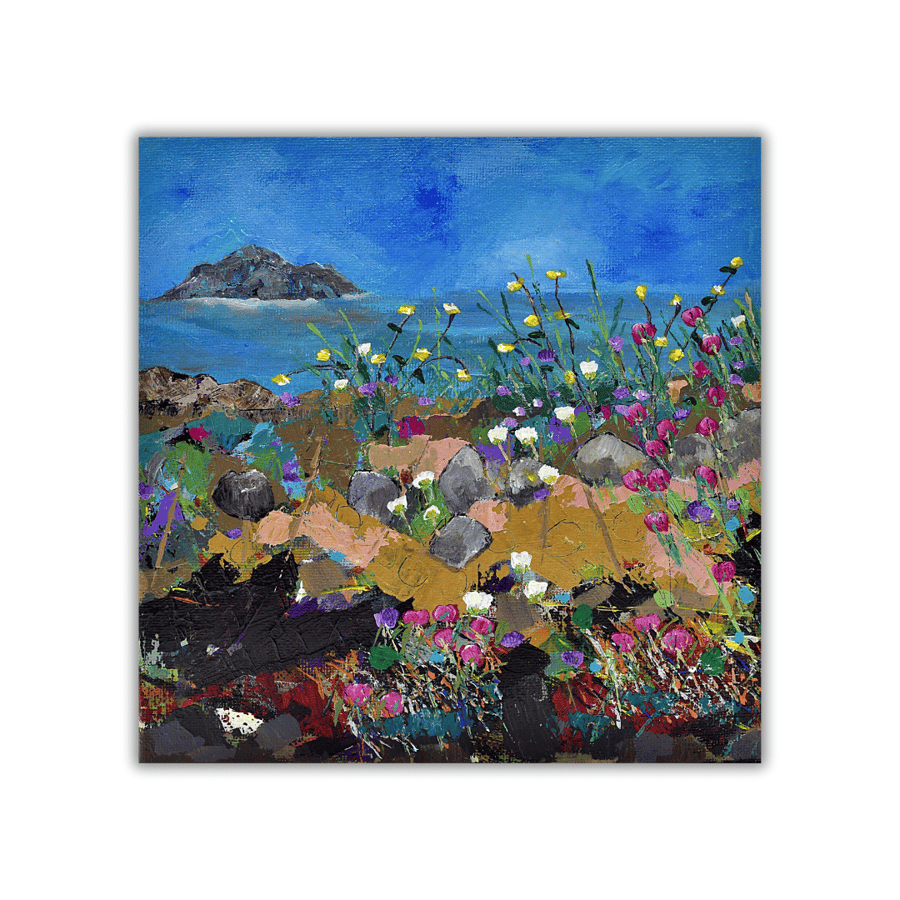 Original acrylic painting - Scottish coastal landscape - wildflowers