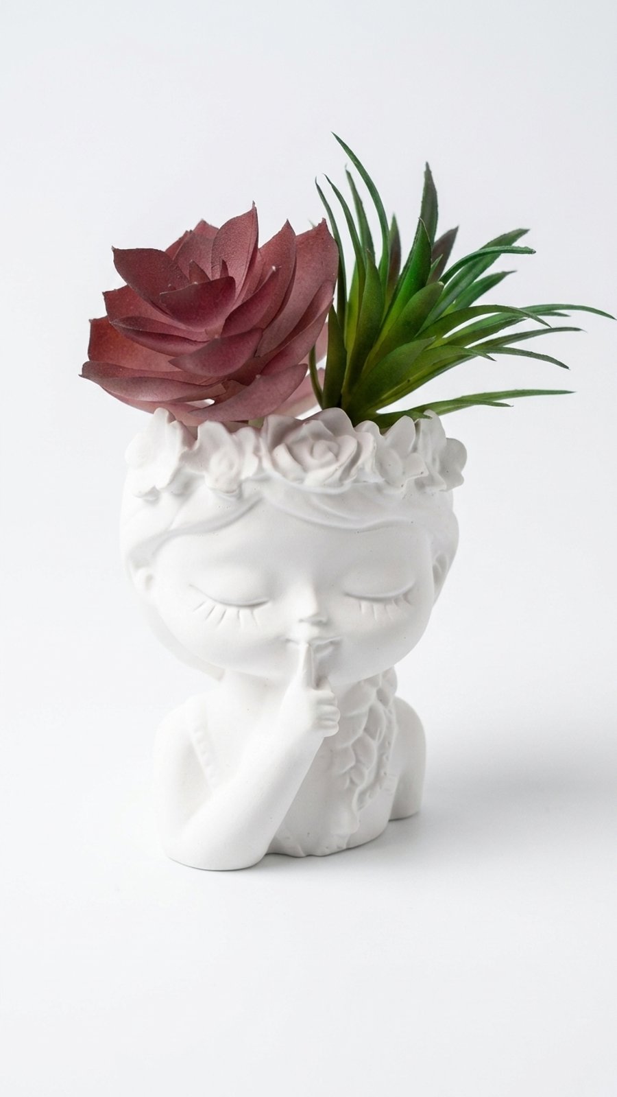 White Flower Crown Girl Succulent Planter - Eco-Friendly Resin Head Pot