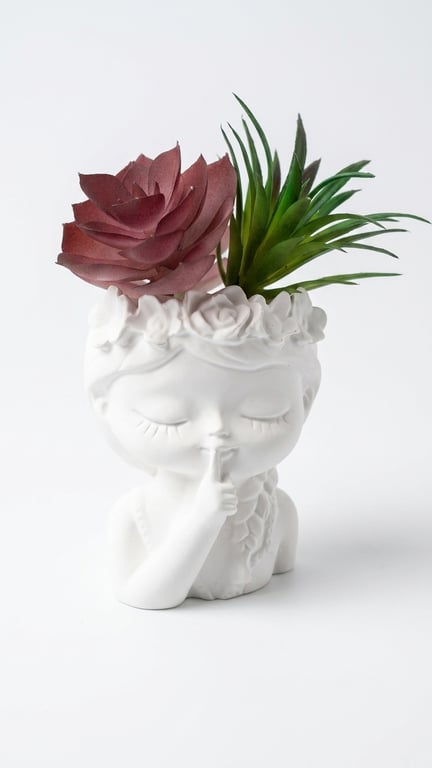 White Flower Crown Girl Succulent Planter - Eco-Friendly Resin Head Pot