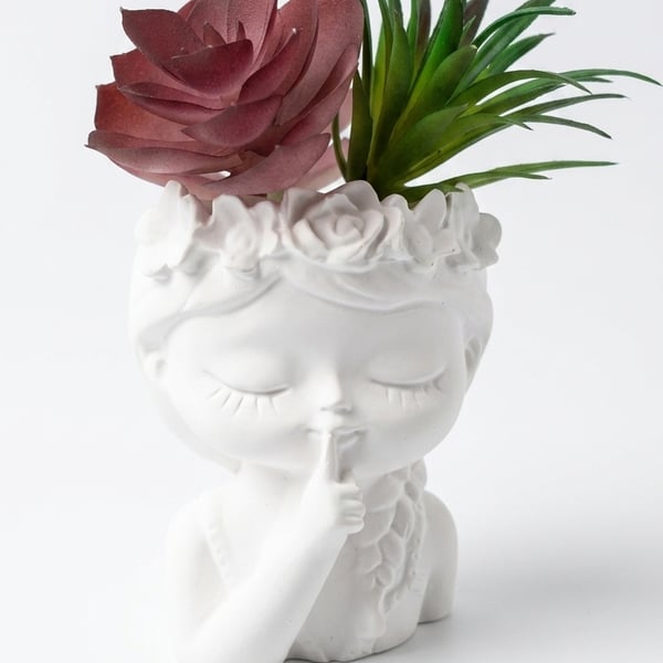 White Flower Crown Girl Succulent Planter - Eco Resin Head Pot