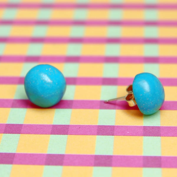 Ear Studs - Gently Sparkled Turquoise Blue - Handmade - Sterling Silver Pins