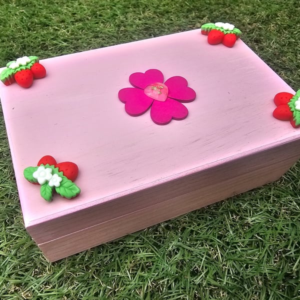 Handmade pink heart and strawberry wooden jewellery, keepsafe or trinket box