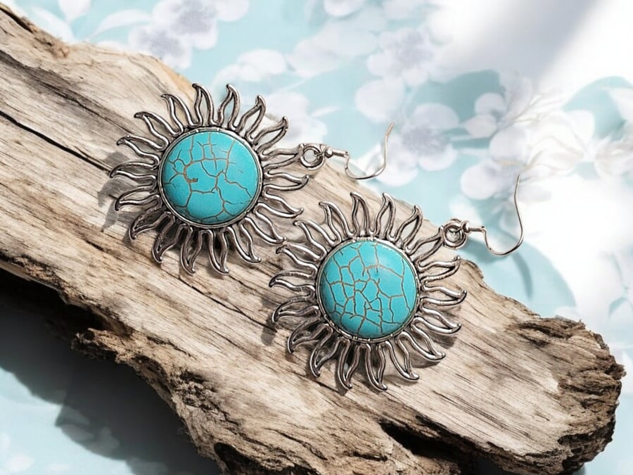 Turquoise sun earrings, boho earrings