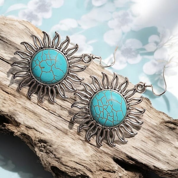 Turquoise sun earrings, boho earrings