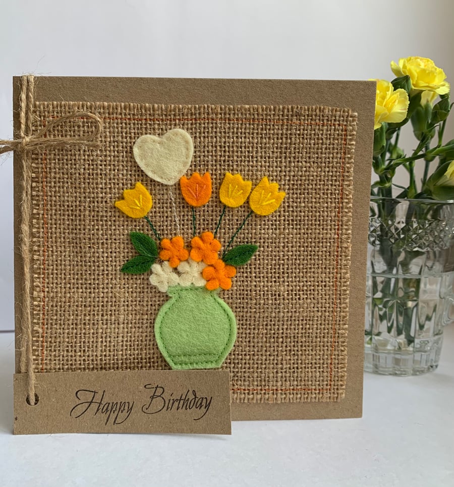 Birthday Card. Cream heart and flowers. Wool felt. Handmade Card.
