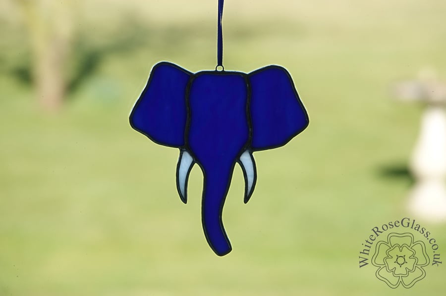 Image of Stained Glass Blue & White Elephant Head Suncatcher