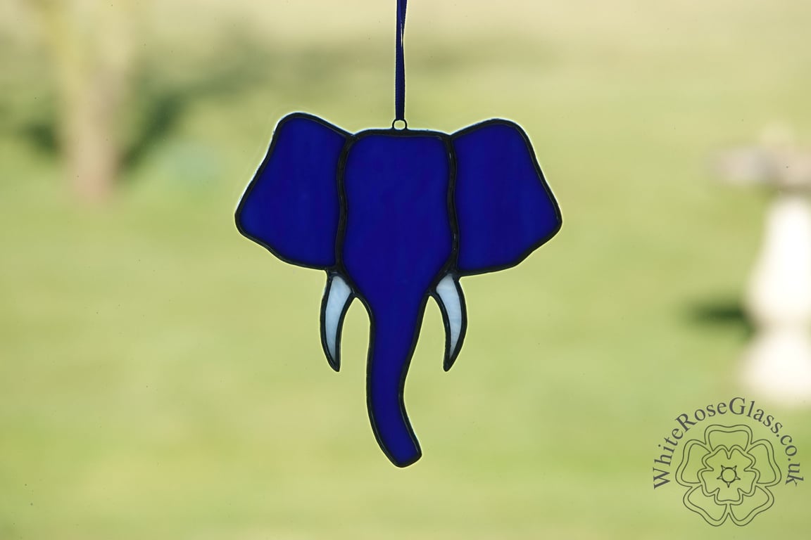 Stained Glass Blue & White Elephant Head Suncatcher