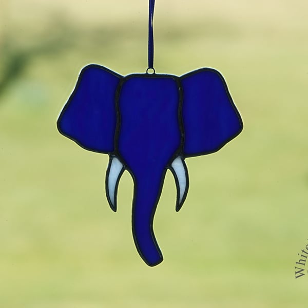 Stained Glass Blue & White Elephant Head Suncatcher