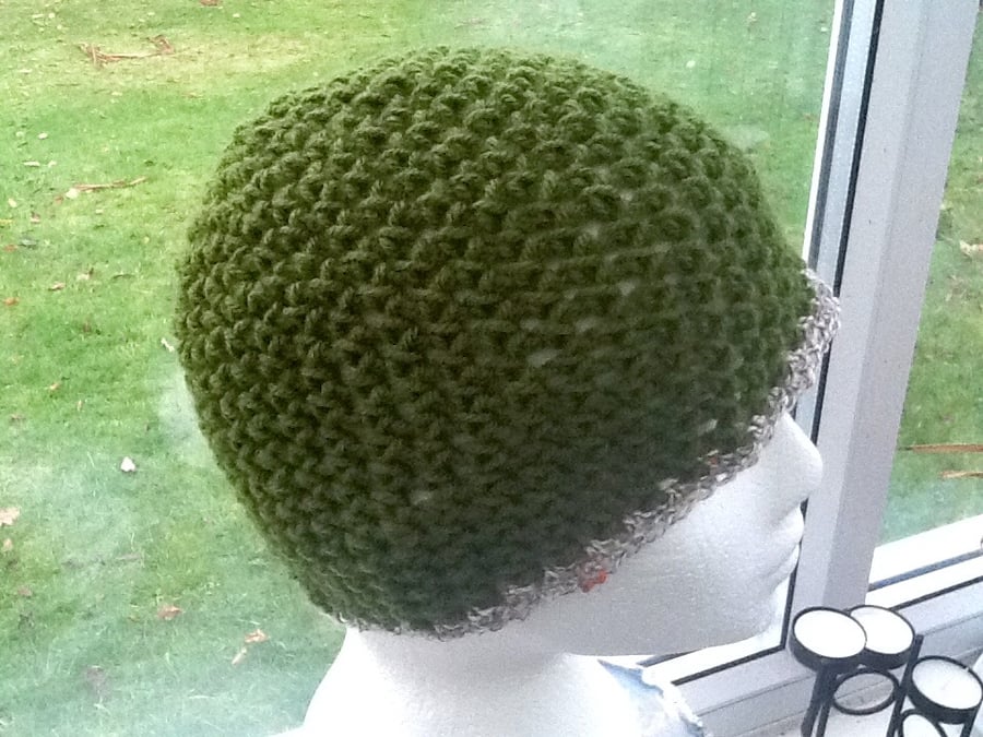 Olive Green!  Crocheted Super Chunky Beanie Hat for a Lady or a Gent.