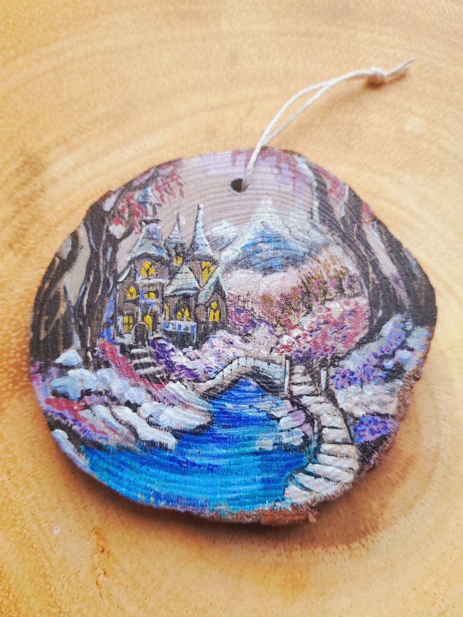Hand painted winter forest scene wooden slice
