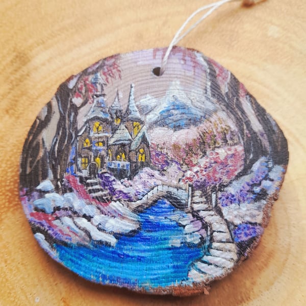 Hand painted winter forest scene wooden slice