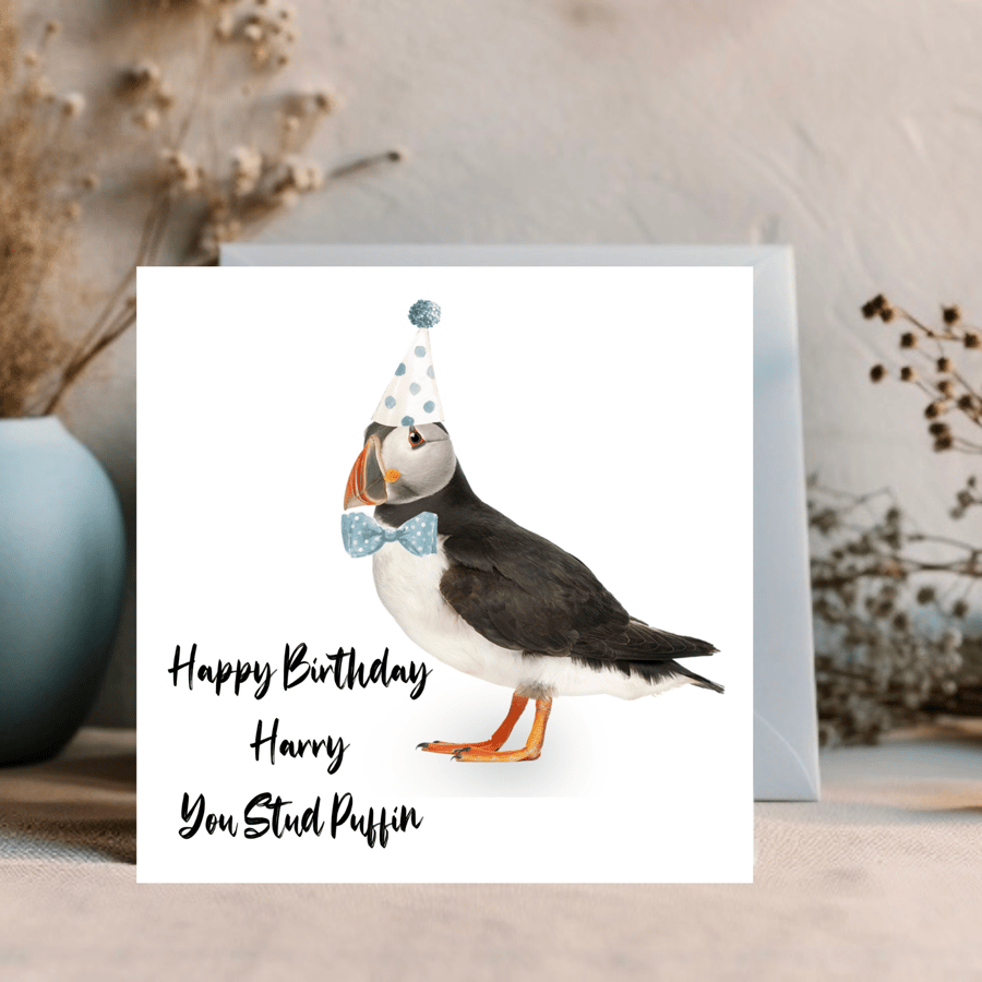 Personalised Funny Stud Puffin Birthday Card