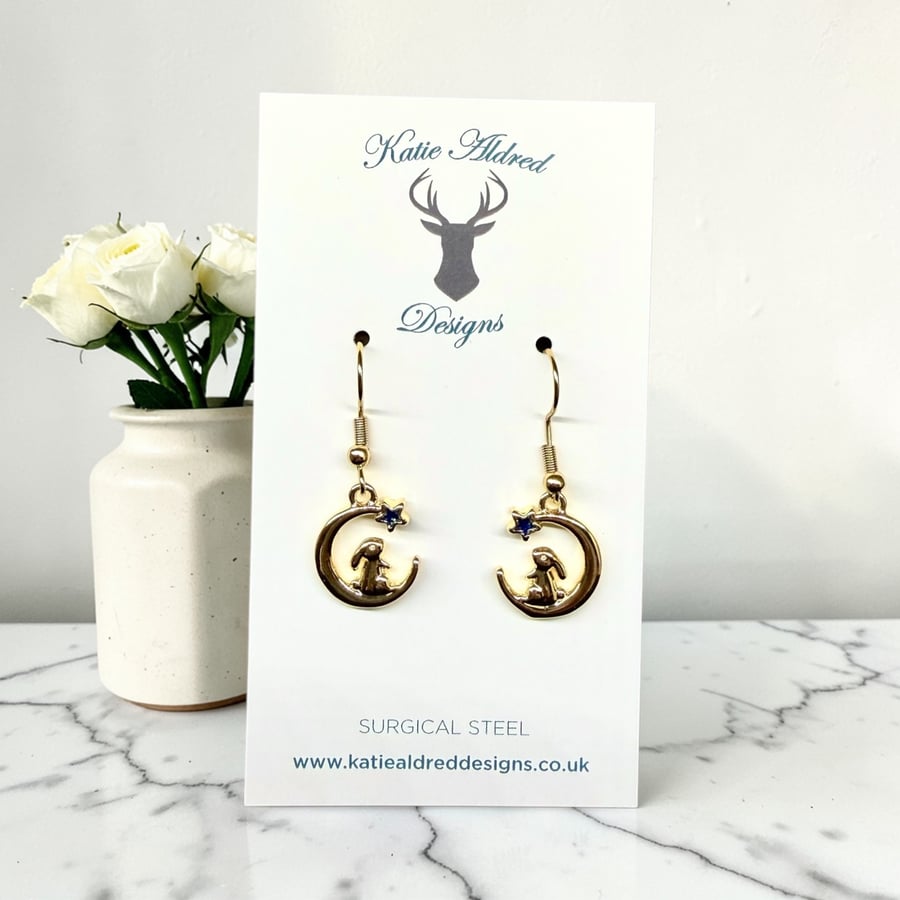 Charm Earrings - Gold Rabbit in the Moon