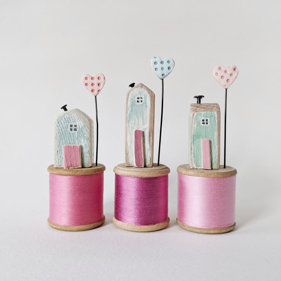 Wooden House on a Vintage Bobbin with a Clay Love Heart 