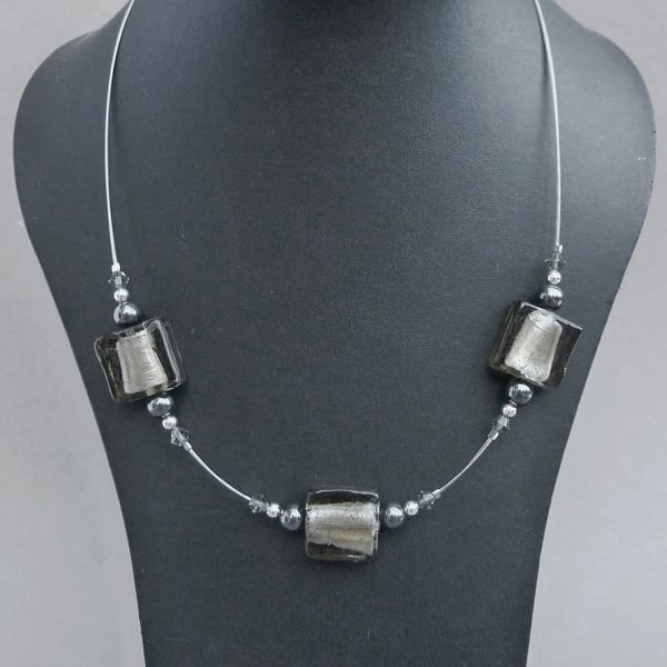 Grey Fused Glass Necklace - Lampwork Glass Bead Necklace - Choker Necklet