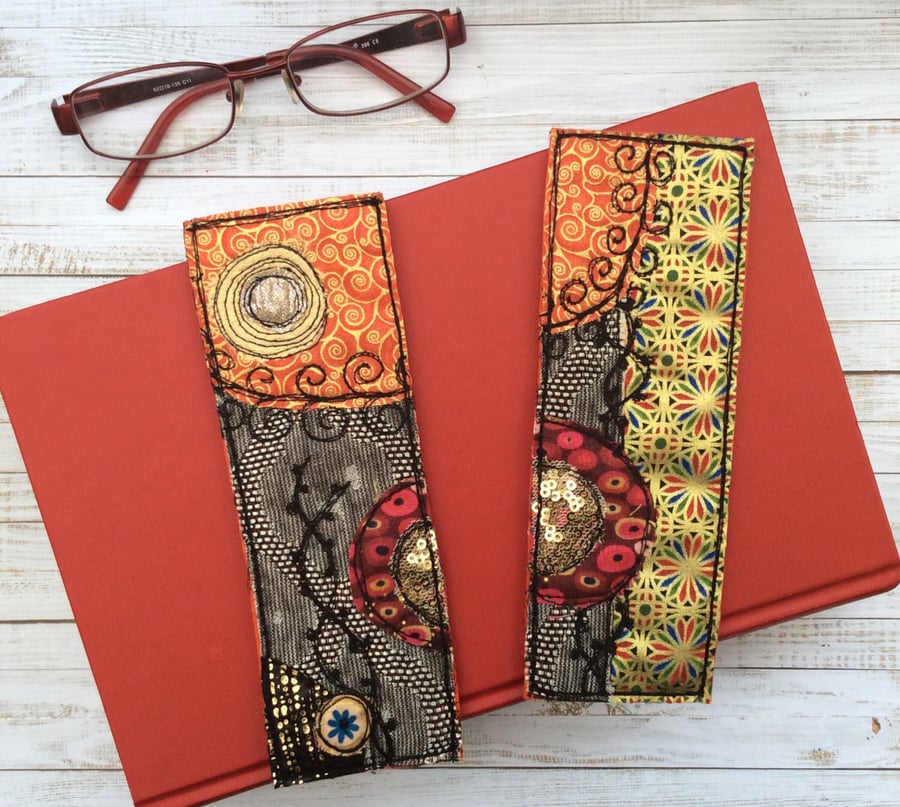 Embroidered up-cycled gold Klimt style bookmarks. 