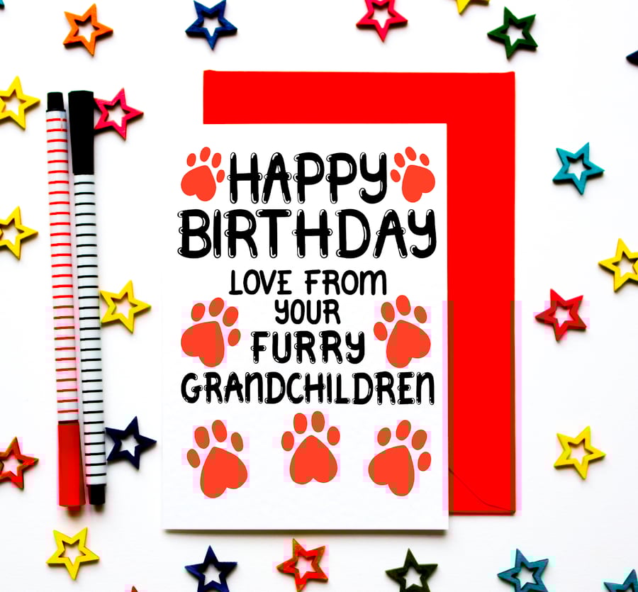 Birthday Card From Furry Grandchildren, Dogs, Cats For Grandma, Grandad