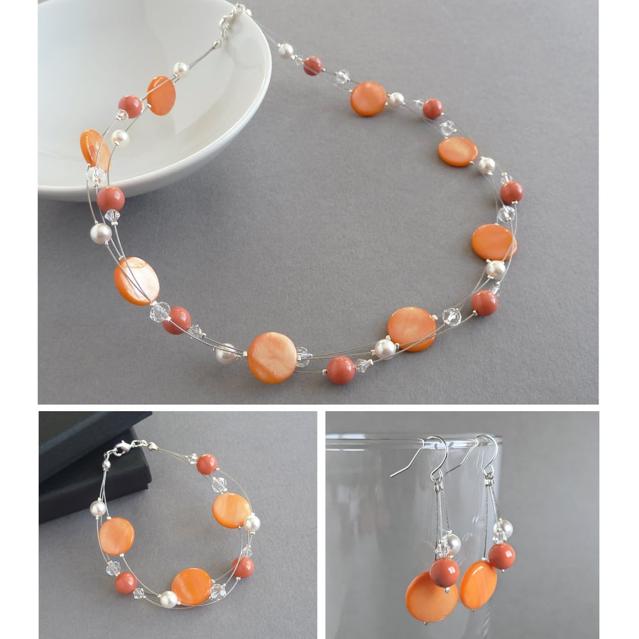 Orange Floating Pearl Jewellery Set - Tangerine Necklace, Bracelet and Earrings