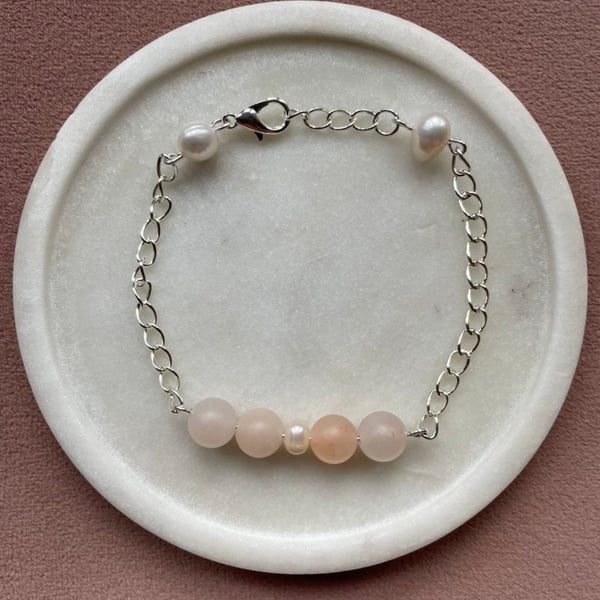 Pink Aventurine and Pearl Beaded Bracelet Handmade Pastel Crystal Chain Bracelet