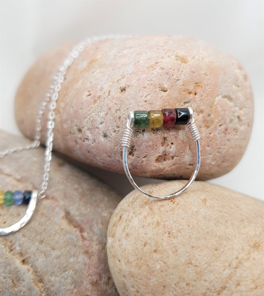 Rainbow Tourmaline and Sterling Silver Ring, Wire Wrapped Ring, Beaded Ring