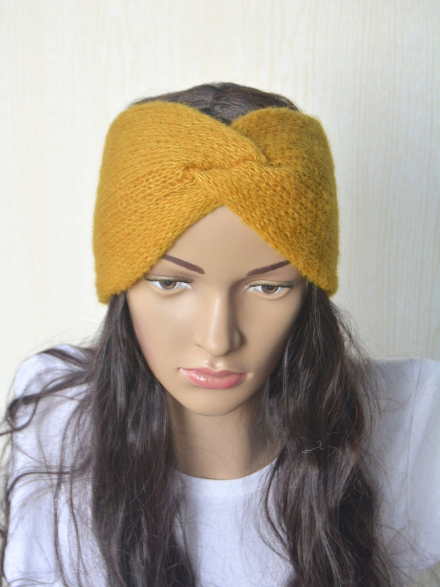 Knitted Headband Earwarmer Soft Alpaca Silk Spicy Curry Yellow Letterbox Gift