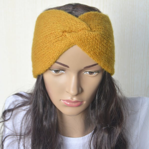 Knitted Headband Earwarmer Soft Alpaca Silk Spicy Curry Yellow Letterbox Gift