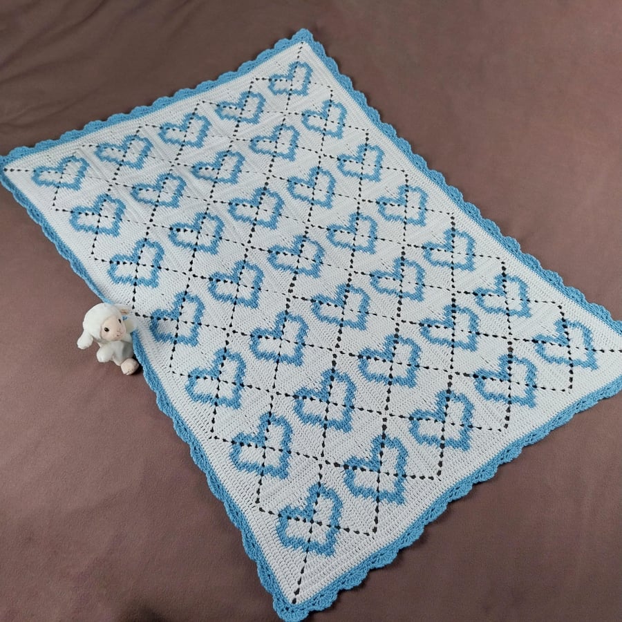 Crochet Baby Blanket - Blue and White Hearts, Handmade Baby Gift