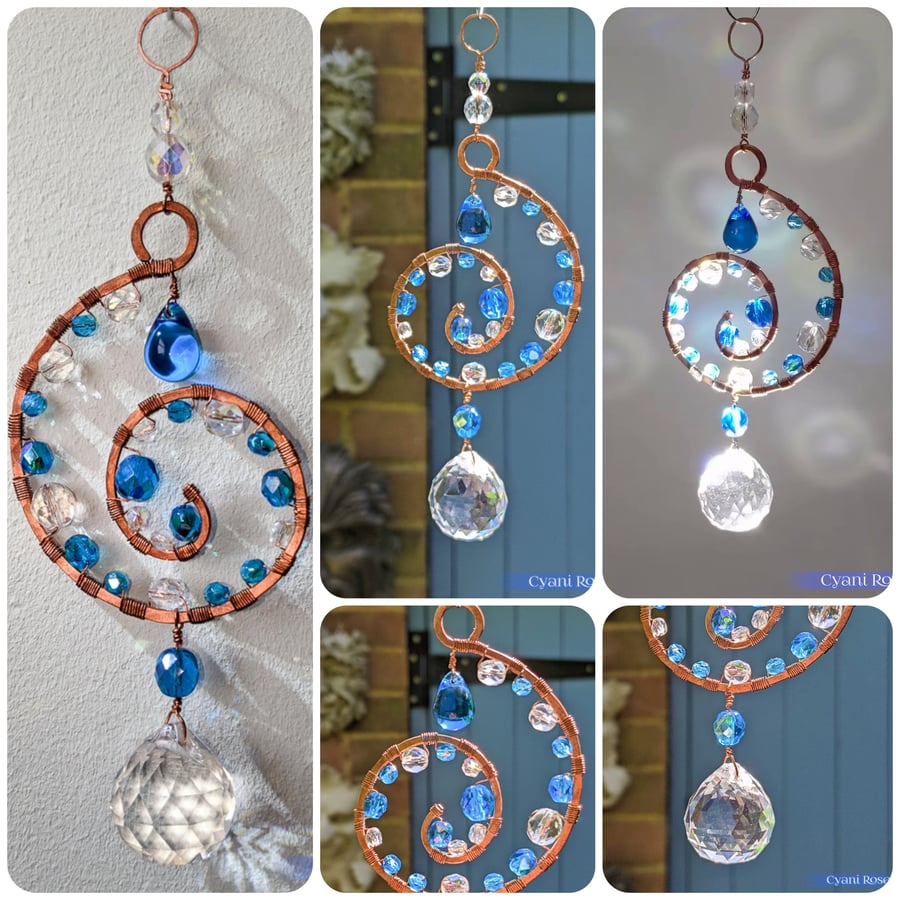 Pretty Spiral suncatcher Blue and copper with sparkly prism
