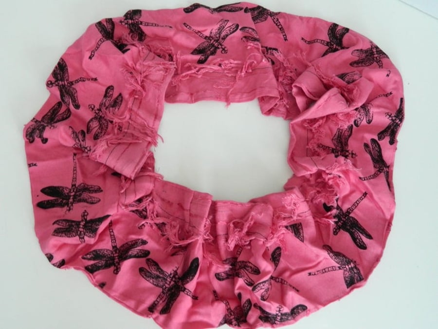  Pink tasseled scarf,Eco infinity loop scarf,dragonfly print,Sunday Seconds,gift