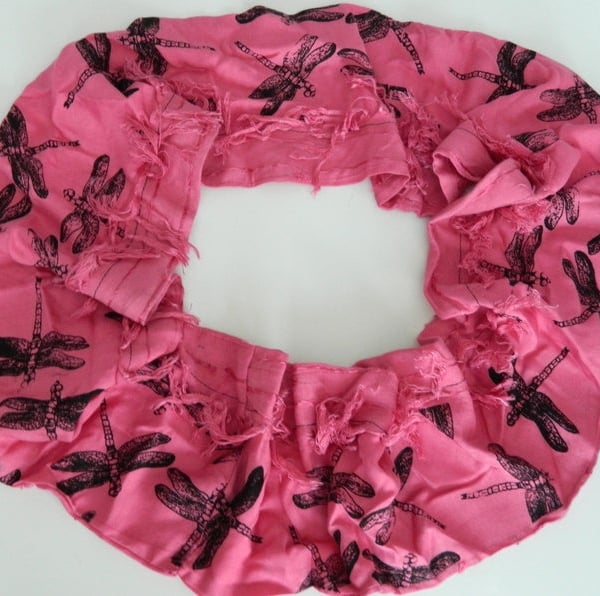  Pink tasseled scarf,Eco infinity loop scarf,dragonfly print,Sunday Seconds,gift