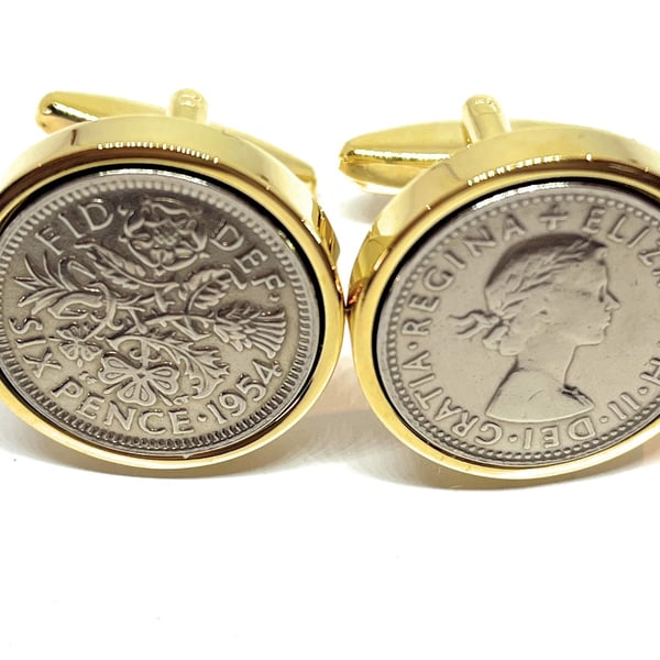 1954 Sixpence Cufflinks 70th birthday. Original sixpence coins Great gift HT GLD