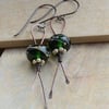 Copper Earrings with Green Lampwork Glass Beads and Czech Pearls