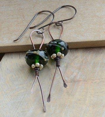Copper Earrings with Green Lampwork Glass Beads and Czech Pearls