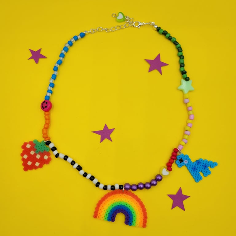 Multi-colour chunky beaded necklace with perler bead charms 