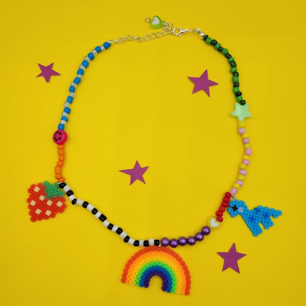 Multi-colour chunky beaded necklace with perler bead charms 