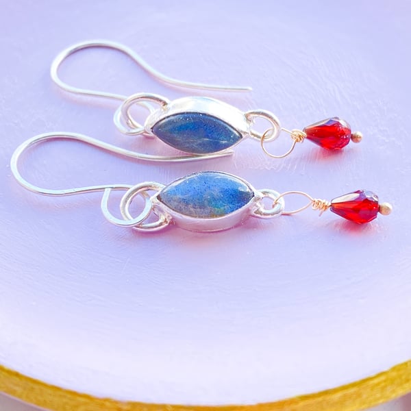 Labradorite and Garnet silver earrings Handmade 