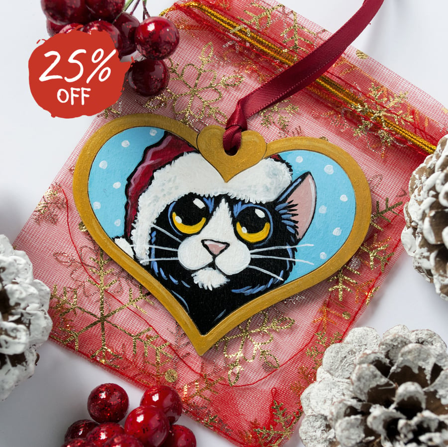 Hand Painted Black & White Cat Christmas Tree Decoration