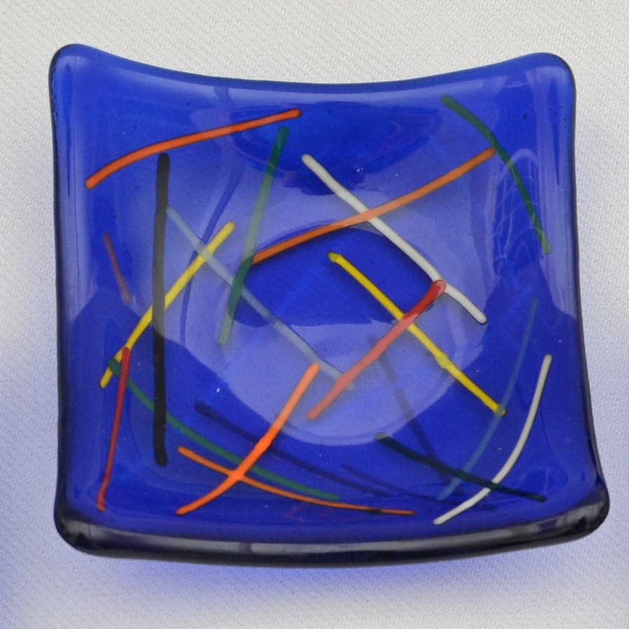 Glass square small dish, blue with colour pattern