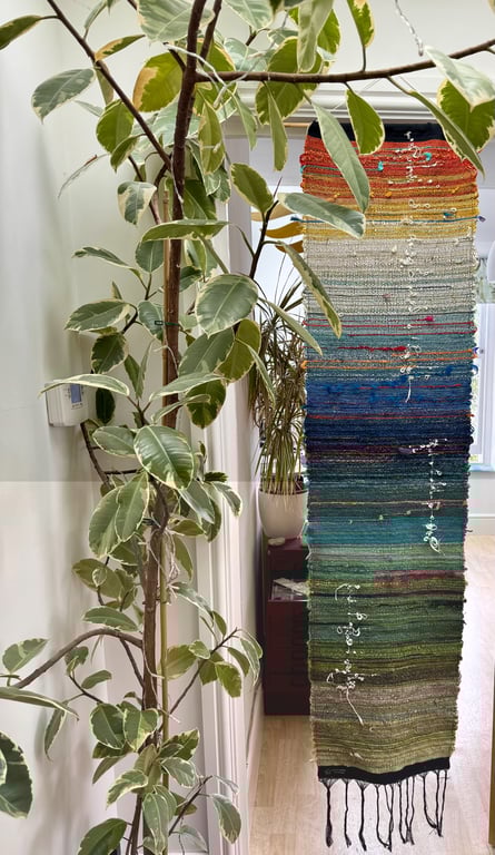 Orange to green saori wall hanging