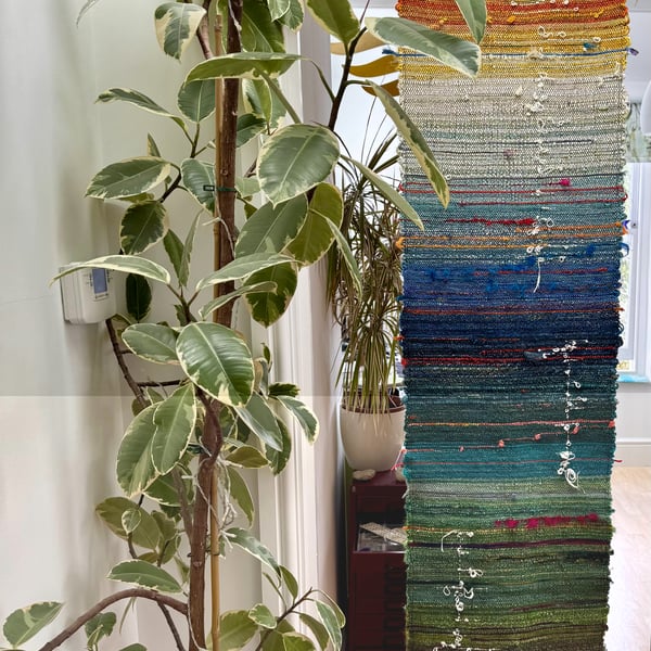 Orange to green saori wall hanging