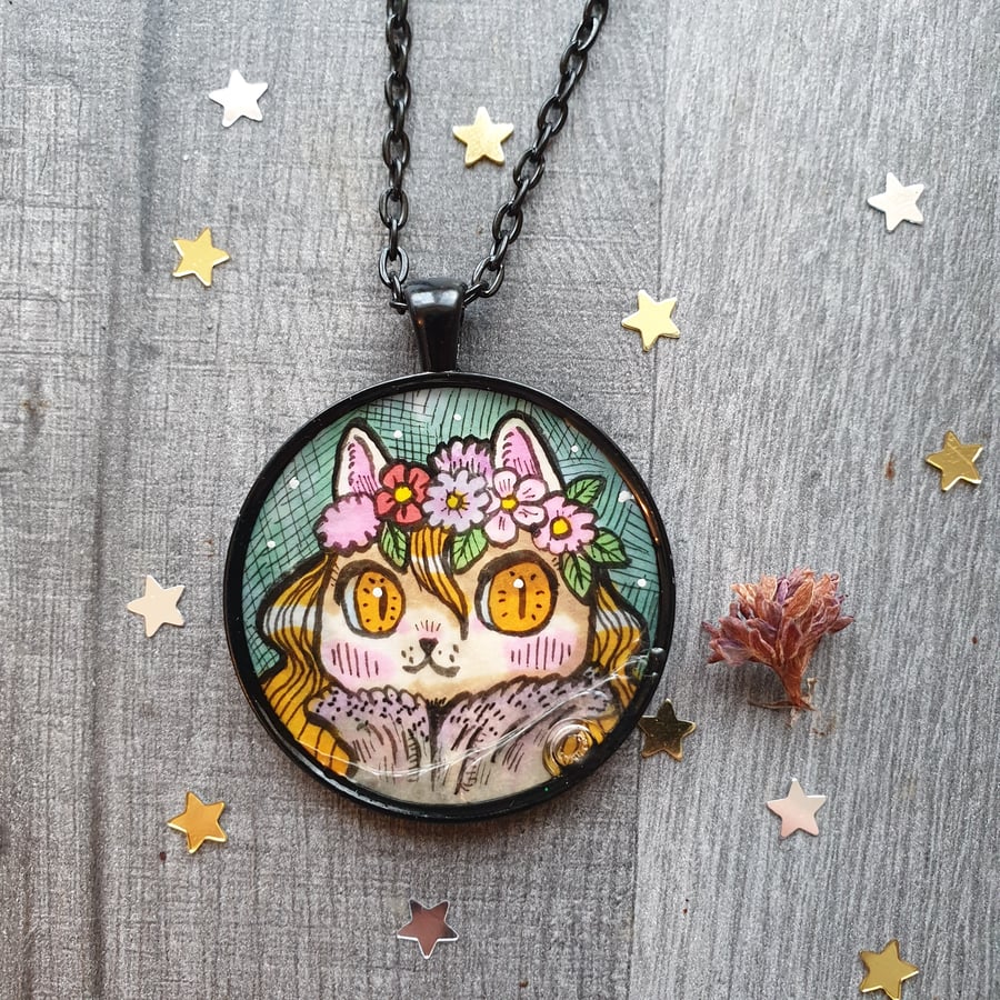 Hand Drawn Flower Cat Necklace