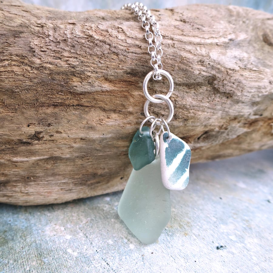 Teal Sea Glass and Pottery Long Silver Necklace, Coastal Inspired Jewellery