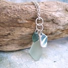 Teal Sea Glass and Pottery Long Necklace, Handmade Coastal Inspired Jewellery