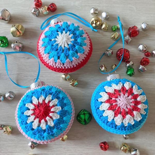Crochet Christmas Baubles Set of 3 - Turquoise, Red, Pink & Cream - Tree Decor