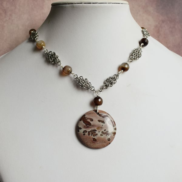 Jasper and Chainmaille Necklace with Brown Agate Beads