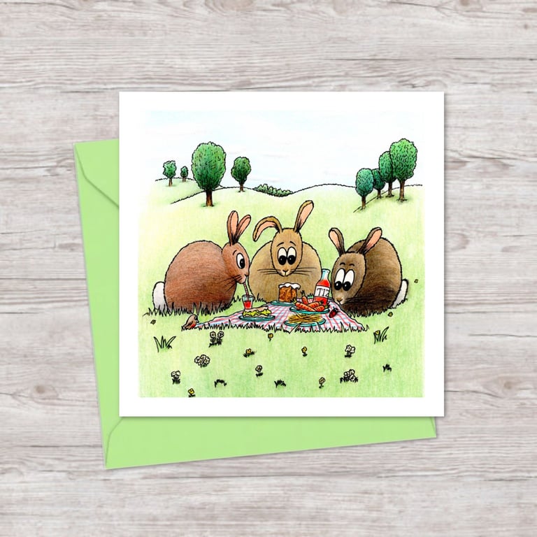 Rabbit Picnic Greeting Card: Funny Bunny Pencil Illustration (223)