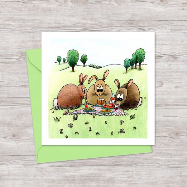 Rabbit Picnic Greeting Card: Funny Bunny Pencil Illustration (223)