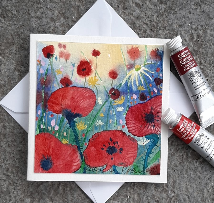 Mini Handpainted Blank Card. Letterbox Gift Red Poppies 